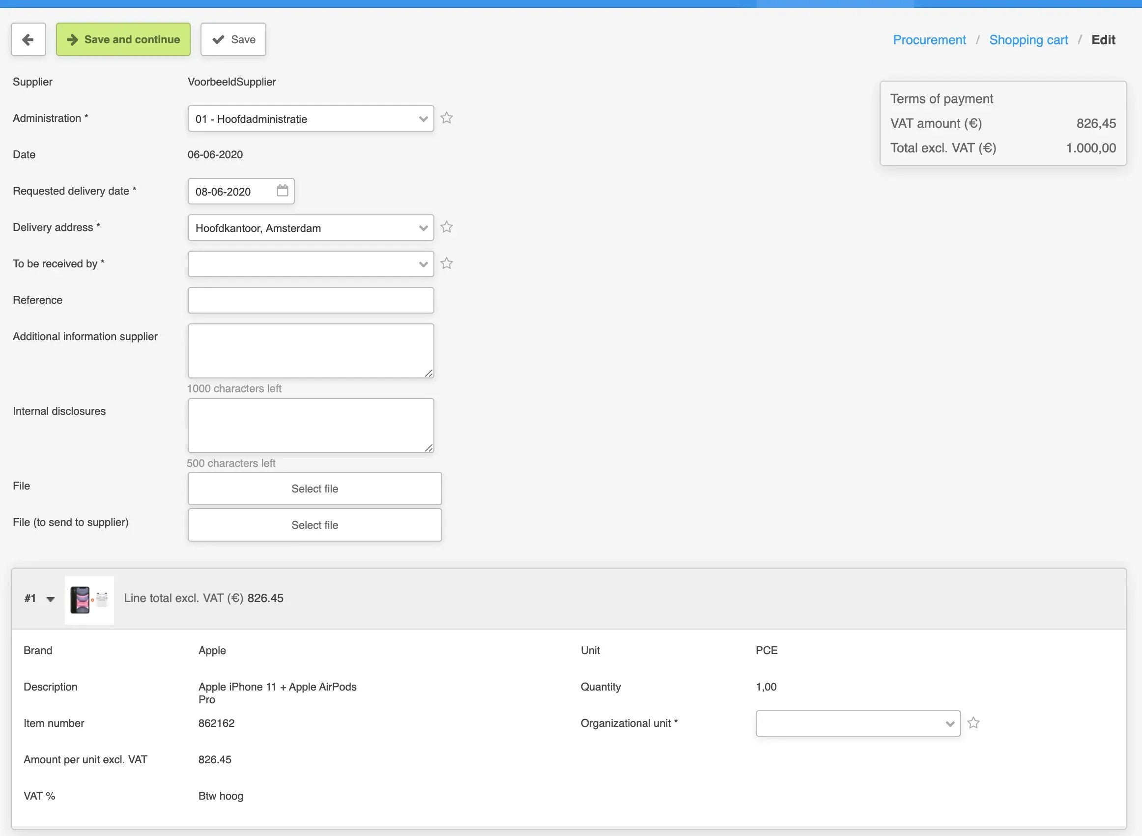 In het inkooppakket kan de orderinformatie worden aangevuld.