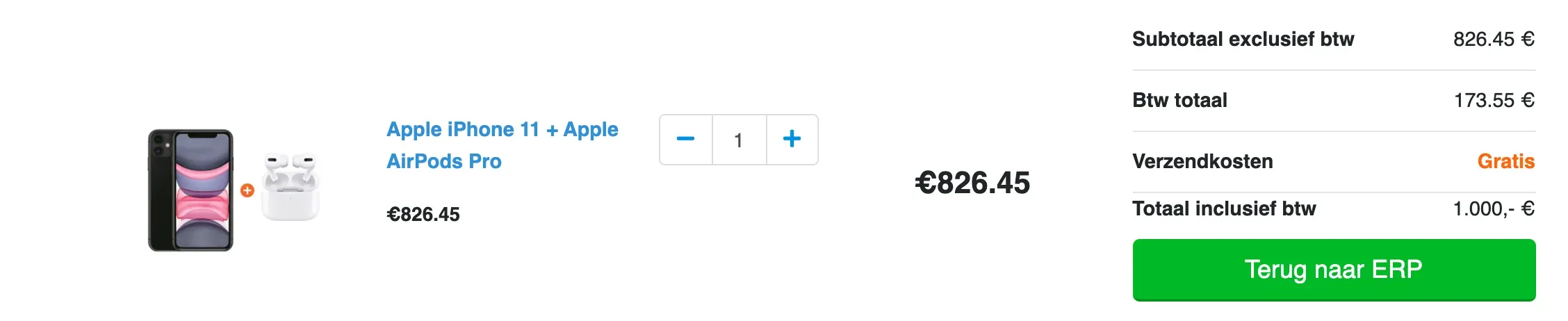 In plaats van te betalen kan de winkelmand worden teruggestuurd door op de "Terug naar ERP" knop te drukken.