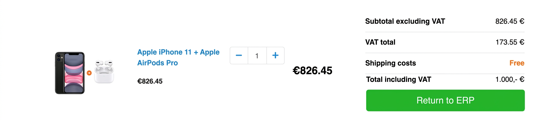 Instead of paying, the user transfers the cart back by clicking a 'Return to ERP' button.